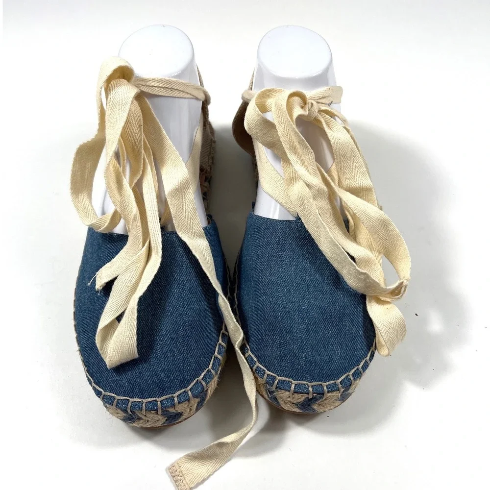LOFT Denim Ankle Tie Espadrille Sandals Blue Tan Flat Summer Shoes Women 9M NWOT